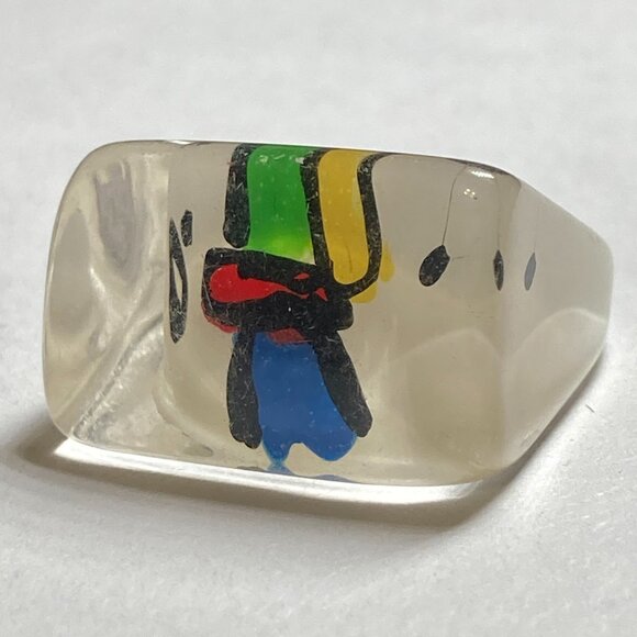 Vintage Acrylic Lucite Cocktail Ring Size 6 6.5 Blue White Geometric Hand Made - Picture 8 of 9